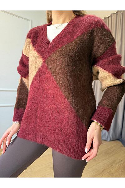 Size Özgü Pulover cu barbă cu decolteu în V burgundy