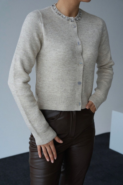 BRTC design Kadın Bej Yakası Taş İşlemeli Triko Hırka