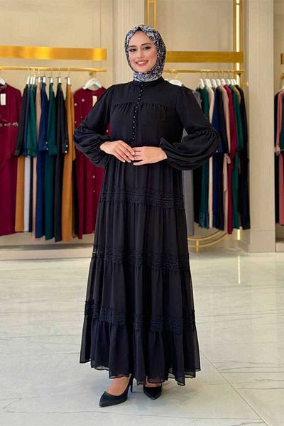 Bym Fashion Μαύρο φόρεμα σιφόν - Μοντέλο 3923, λεπτομέρεια δαντέλας