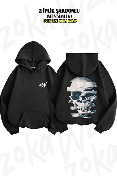 ZOKAWEAR سويت شيرت بغطاء للرأس مطبوع عليه جمجمة مونو كبيرة الحجم (2 خيوط)