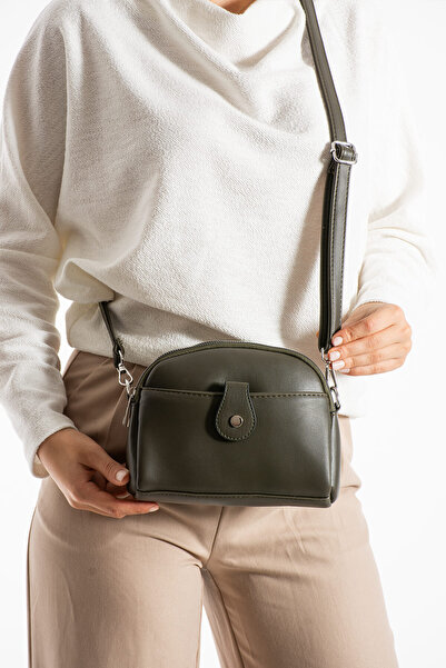 Morpelikan Women's Faux Leather Adjustable Cross Strap 4 Compartment Magnet Buckle Detailed Khaki Shoulder Bag