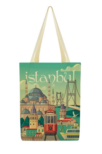 Çınar Bez Çanta Kanvas Turkuaz İstanbul Baskılı Bez Çanta