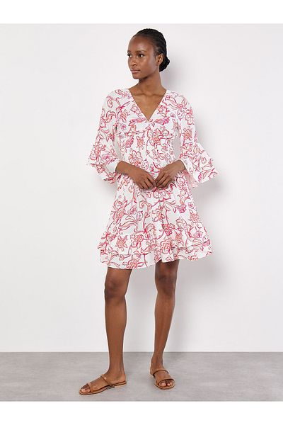 Apricot Gesmoktes Rüschen-minikleid Mit Blumenmuster