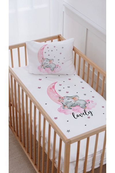 Lilabio 100% Cotton Mother's Side Crib Duvet Cover Set (60X100) Pink Themed Elephant Sleeping on the Moon