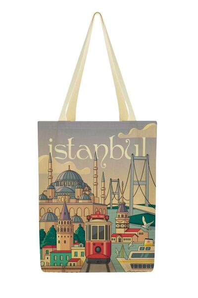 Çınar Bez Çanta Kanvas Lila İstanbul Baskılı Bez Çanta