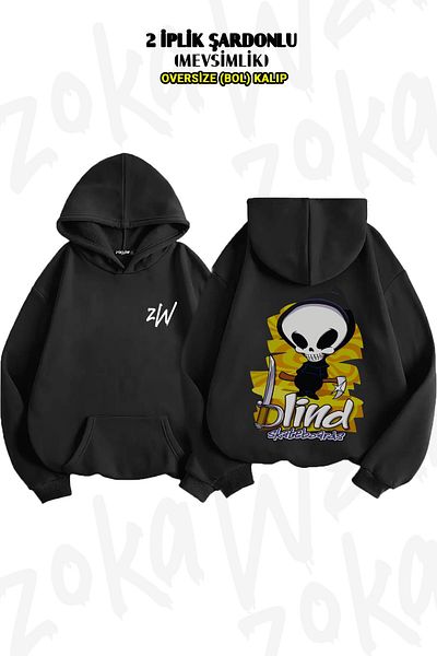 ZOKAWEAR Retro Oversize Skateboard Back Printed Hooded Sweatshirt - 2 Thread