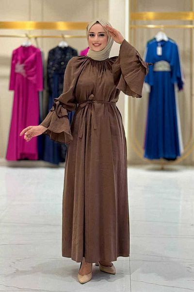 Bym Fashion 3925 Μοντέλο Καφέ Φόρεμα - Λεπτομέρεια με μανίκια βολάν