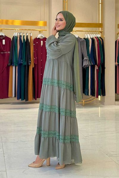 Bym Fashion Φόρεμα σιφόν Mint 3923 Model - Λεπτομέρεια με δαντέλα