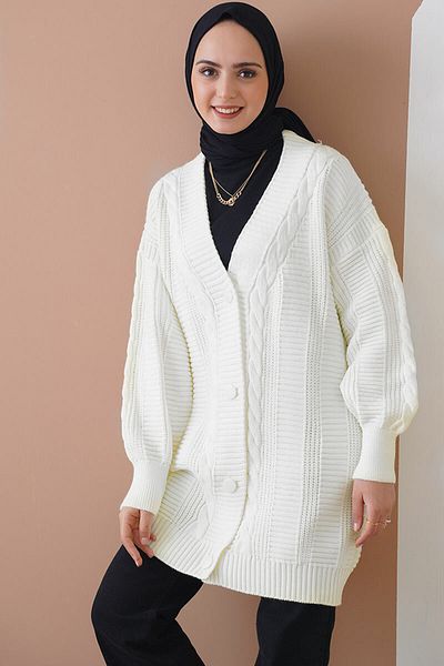 Bigdart 15768 Ecrufarbener Strick-Cardigan mit geknöpftem Strickmuster