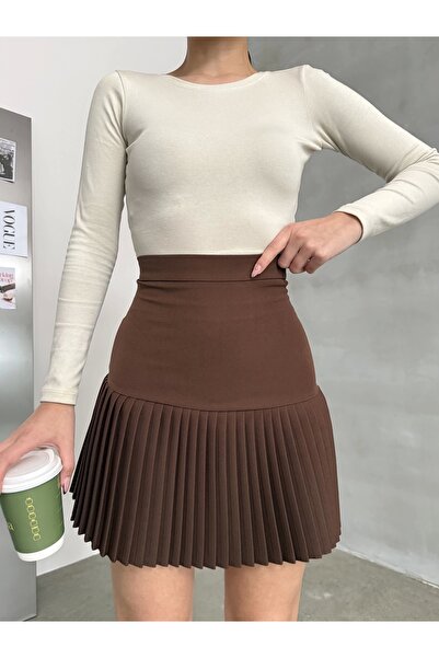 asfamoda Fusta mini cu pliuri din țesătură maro pentru femei