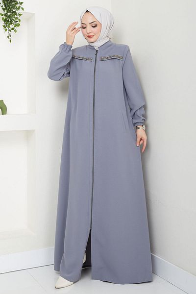 hafsamina Gray Gala Ferace - Stone Detail Hm2313