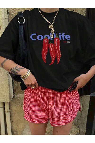 NO 601 Tricou negru cu imprimeu Cool Life Oversize Loose Fit pentru femei