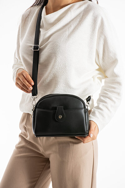 Morpelikan Women's Faux Leather Adjustable Cross Strap 4 Compartment Magnet Buckle Detailed Black Shoulder Bag