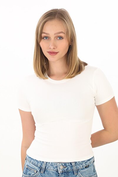 penyebizden Μπλουζάκι Ecru Crop Slim Fit Cotton Lycra