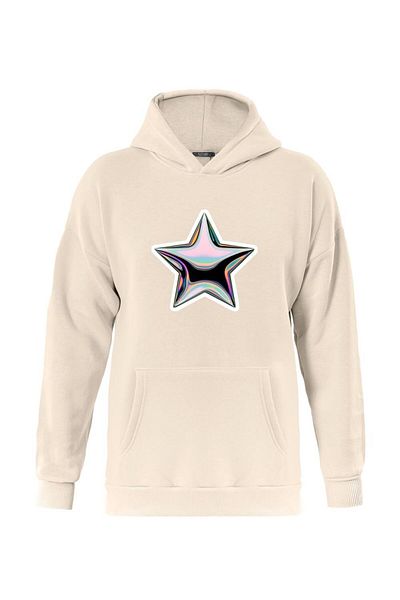 SOFTWAY Unisex Shining Metallic Star Printed Hooded Oversize Φούτερ με μαλακό φλις εσωτερικά - ΜΠΕΖ