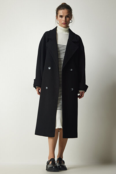 Lovelyİstanbul Kruvaze Yaka Kuşaklı Oversize Kaşe Kaban SİYAH LTO0022