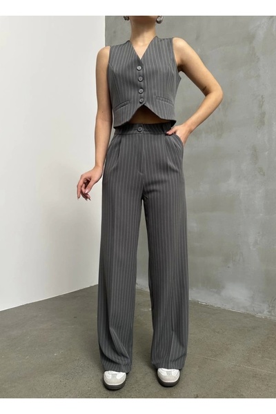 asfamoda Kadın Antrasit Çizgili Kolsuz Düğmeli Kısa Dokuma Klasik Yelek