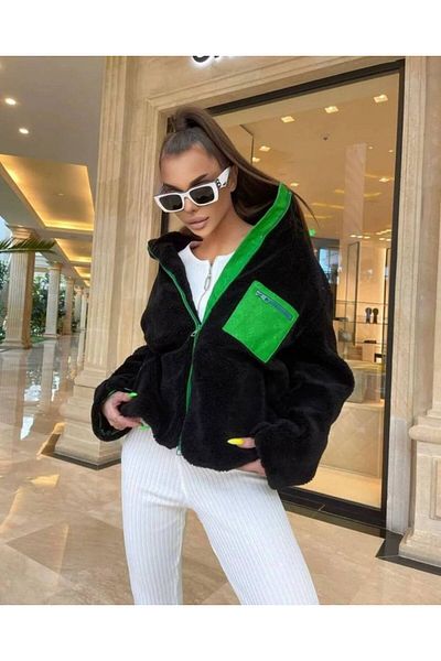 MRA Fashion Women's Long Sleeve Colorful Pocket and Zipper Detail Plush Coat