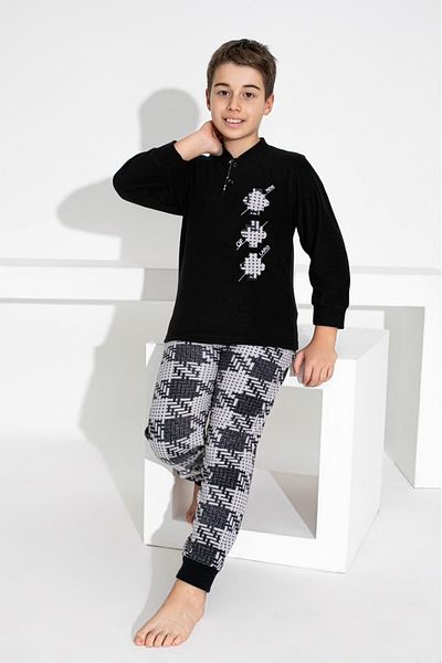 Tarık Youth and Children's Plaid-Square Patterned Long-Sleeved Fleece Plush Fabric Winter Warm Pajamas Set