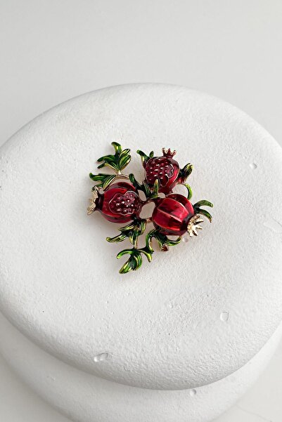 Modex Altın Rengi Kırmızı Narlar Broş (4cm)