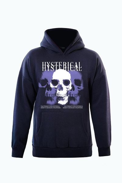 SOFTWAY Унисекс суитшърт с качулка и щампа Hysterigal с мек полар отвътре - Тъмносин