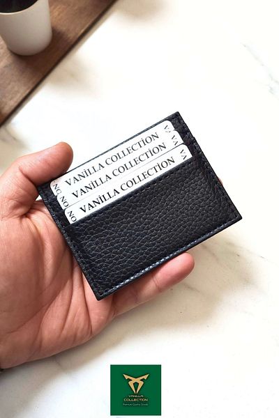 VANİLLA COLLECTİON Unisex Mini and Thin Leather Stringing Cardholder Portfolio Floter Black