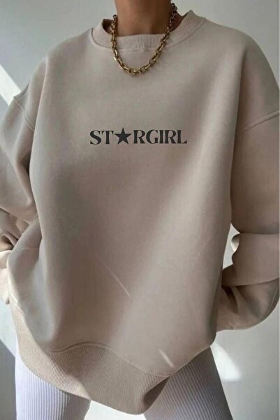 stg spor toptan giyim Дамска бежова блуза с принт Stargirl и велосипедна яка