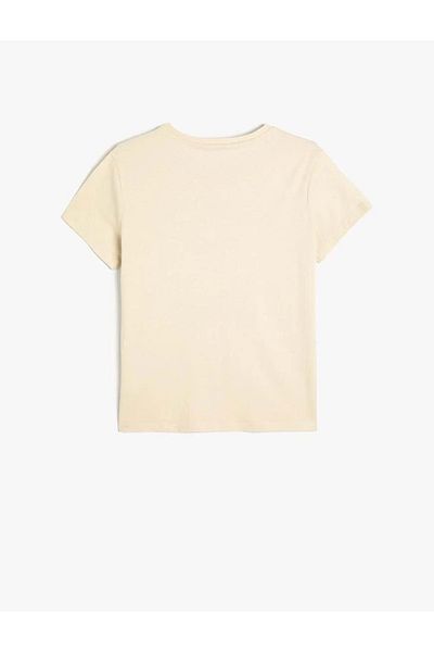Koton Beige Girl's T-Shirt - Slogan Printed, Short Sleeve, Crew Neck, Cotton 4SKG10578AK