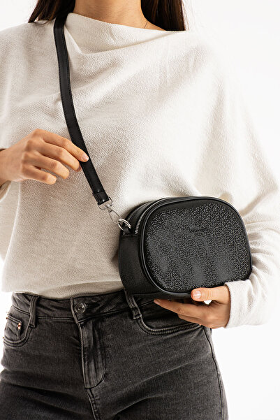 Morpelikan Women's Faux Leather Adjustable Crossbody Strap 3 Compartment Zipper Closure Black Mosaic Shoulder Bag