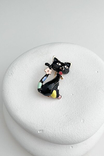 Modex Siyah Mineli Renkli Mineli Sevimli Kedi Broş (4CM)