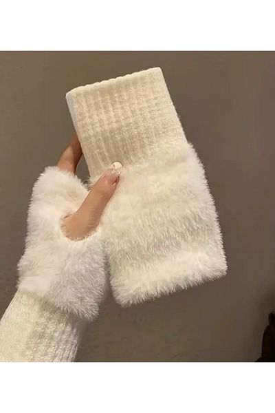 Beauty Box Winter Knit Fingerless Plush Unisex Gloves 1 Pair White Color