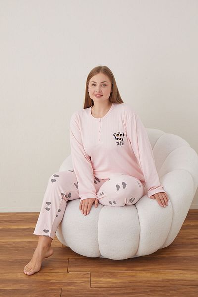 CALİA Women's Interlock Fabric Plus Size Button Sleepwear Suit
