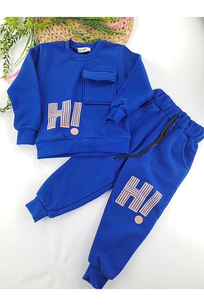 Butik Set de trening dublu pentru băiat - detaliu de buzunar, fleece, culoare albastră, 3 fire de borduri
