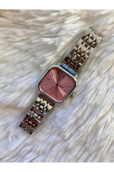 MEshop ساعة يد نسائية مربعة بسيطة وأنيقة باللون الوردي