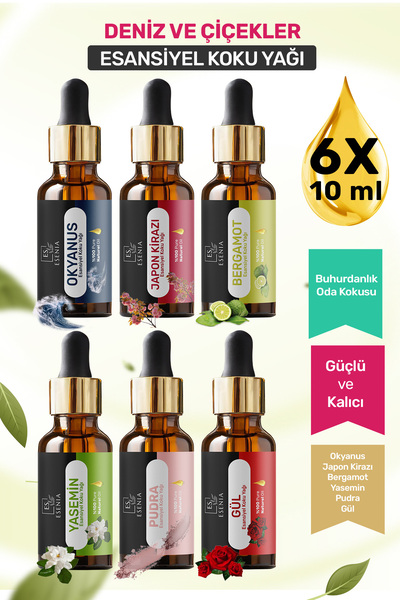ESENIA 6'lı Set8 Esansiyel Uçucu Yağı Buhurdanlık Difüzör Esansı oda banyo pa...