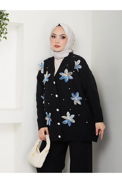 moda periy Women's Floral Cardigan Trousers Double Hijab Knitwear Suit Hijab Combination