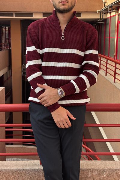 inpool Line Pattern, Half Zipper, Stand Collar, Knitwear Knit, Pattern Tracking, Winter Sweater 24Pltk08