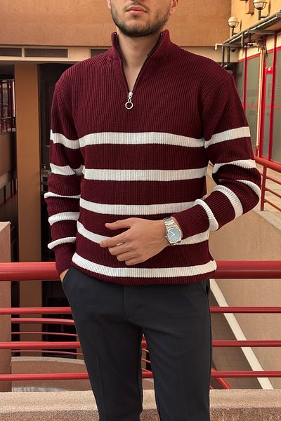 inpool Line Pattern, Half Zipper, Stand Collar, Knitwear Knit, Pattern Tracking, Winter Sweater 24Pltk08