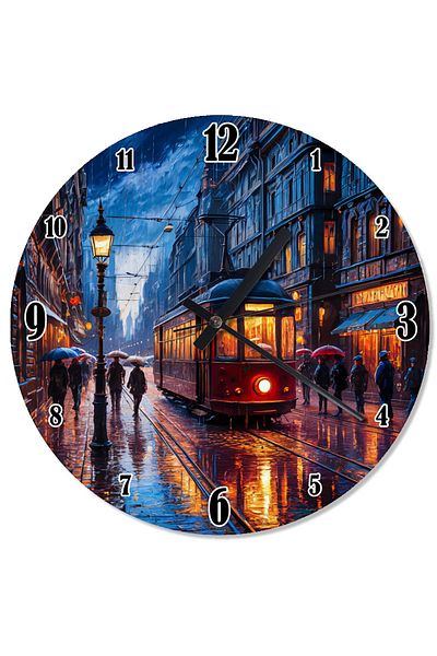 karizmart Tram on the Rainy Street Design Wall Clock