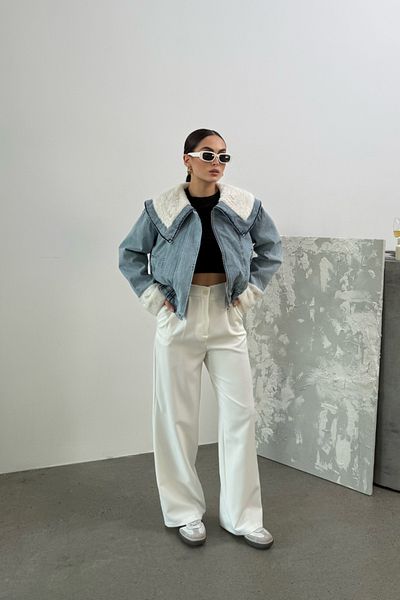 msm fashion Palton de damă, scurt, de pluș, cu guler lat, cu fermoar, cu talie elastică, jachetă din denim