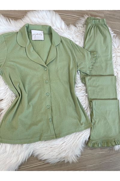 Pijamacs Set de pijamale din bumbac verde mentă și cu mânecă scurtă, cu nasturi în față, cu detaliu cu volan pe picior