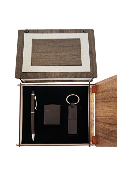 Skygo Matte Black Pen Keychain and Lighter Set with Special Wooden Box