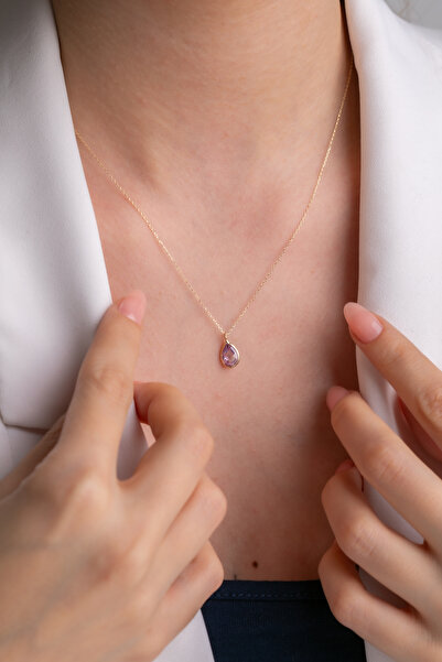 Kolyecik 14 Ayar Altın Damla Taş Lila Kolye