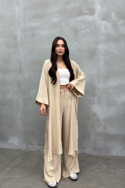 msm fashion Seersucker Women's Kimono Set with Slit Detail