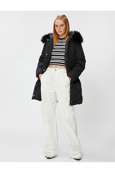 Koton Τσέπες Puffer Jacket με φερμουάρ, βελούδινη κουκούλα, Λεπτομέρειες