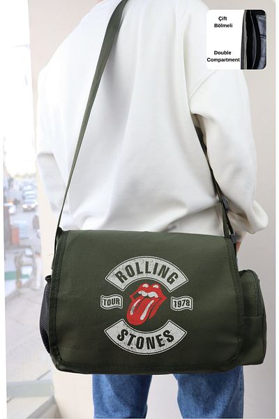 Fuddy Moda Τσάντα Messenger Written Rolling Stones, Unisex Rock Band τυπωμένη τσάντα ώμου