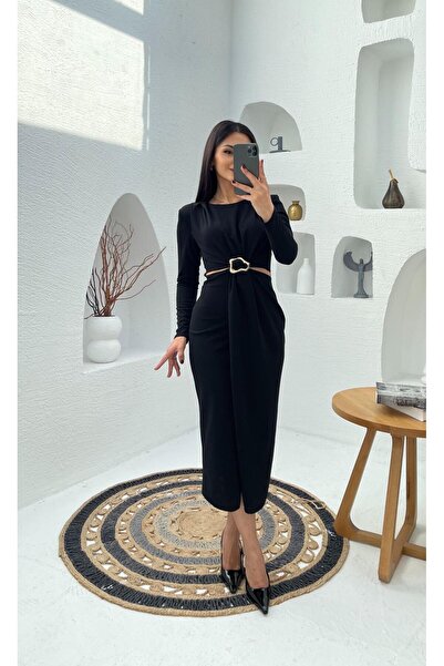 Afiş Butik Siyah Bel Dekolteli Vatkalı Elbise