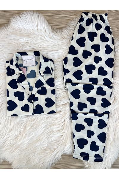 Pijamacs Navy Blue Heart Print Short Sleeve Shirt Collar Knitted Pajamas Set