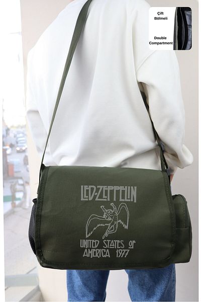 Fuddy Moda Τσάντα Led Zeppelin Written Messenger, Unisex Rock Band τυπωμένη τσάντα ώμου