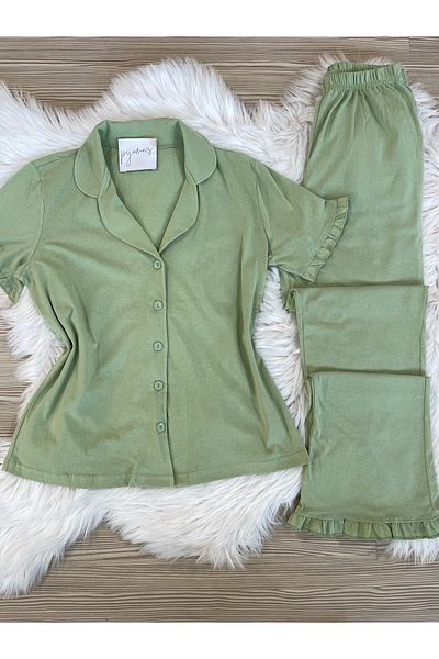 Pijamacs Set de pijamale din bumbac verde mentă și cu mânecă scurtă, cu nasturi în față, cu detaliu cu volan pe picior
